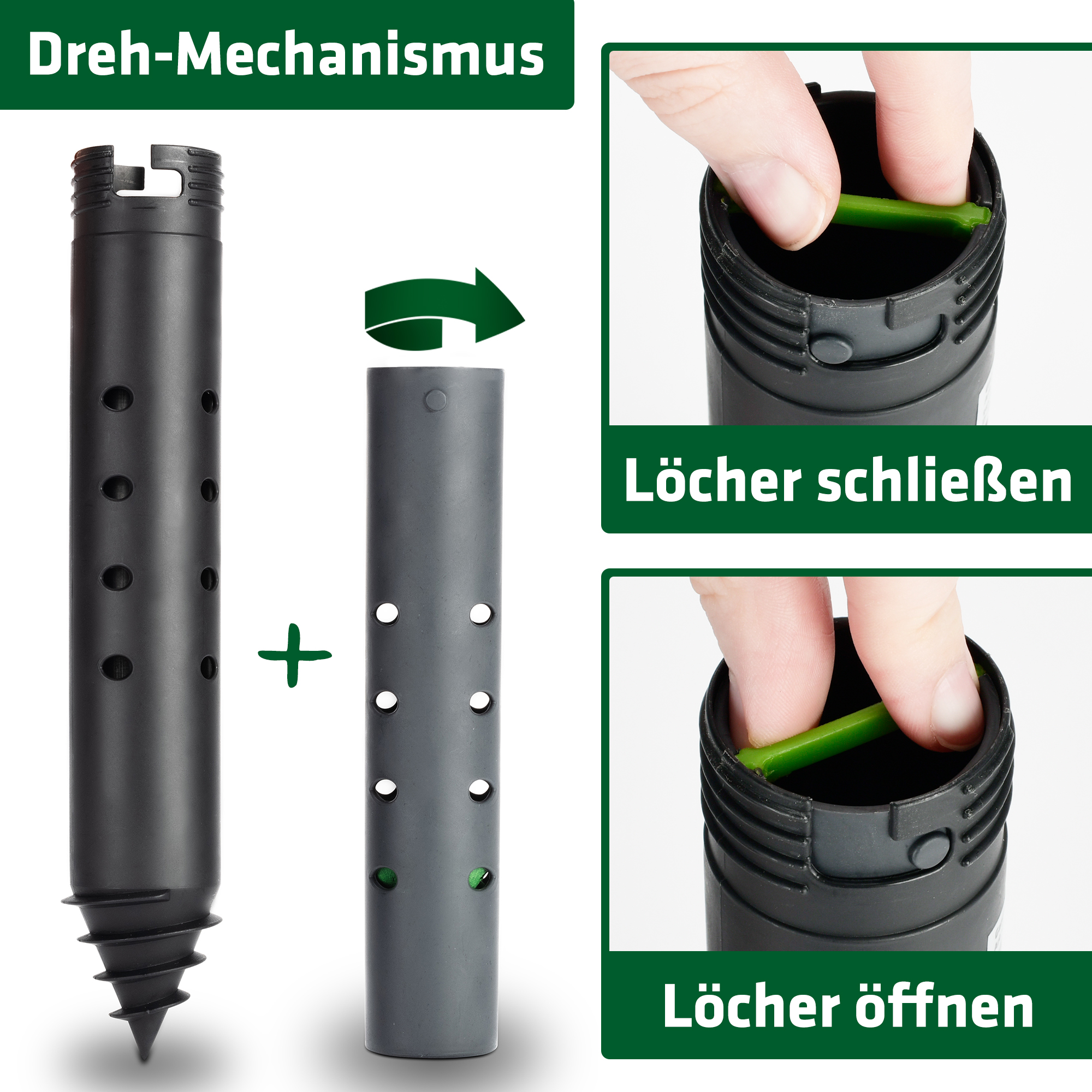 Patentierter Mechanismus: Die Löcher des Stabes lassen sich verschließen, damit keine Erde eindringen kann, wenn er in den Boden eingesetzt wird. 