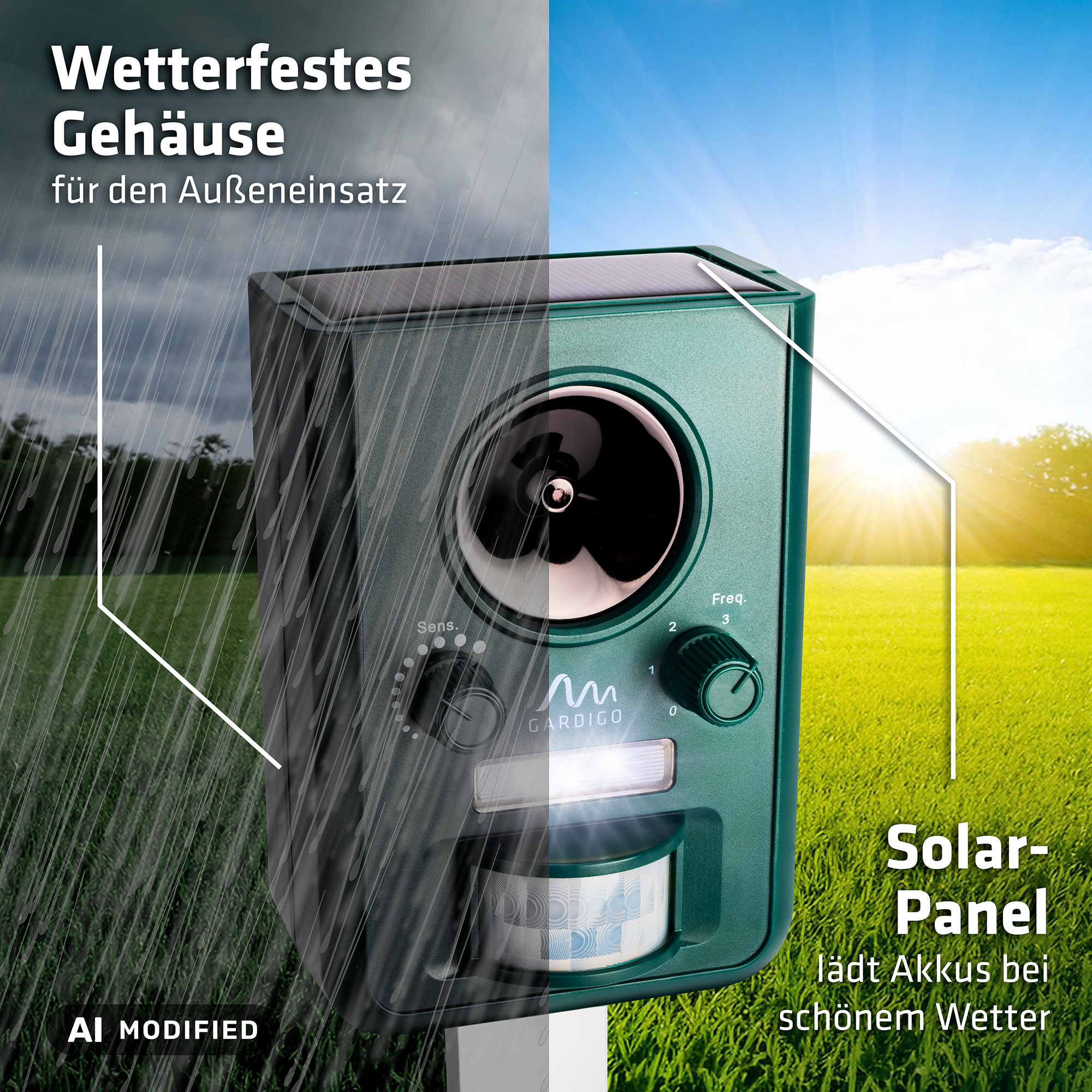 Wetterfestes Gehäuse für den Außeneinsatz; Solarpanel lädt Akkus bei schönem Wetter. Hintergrund KI-generiert