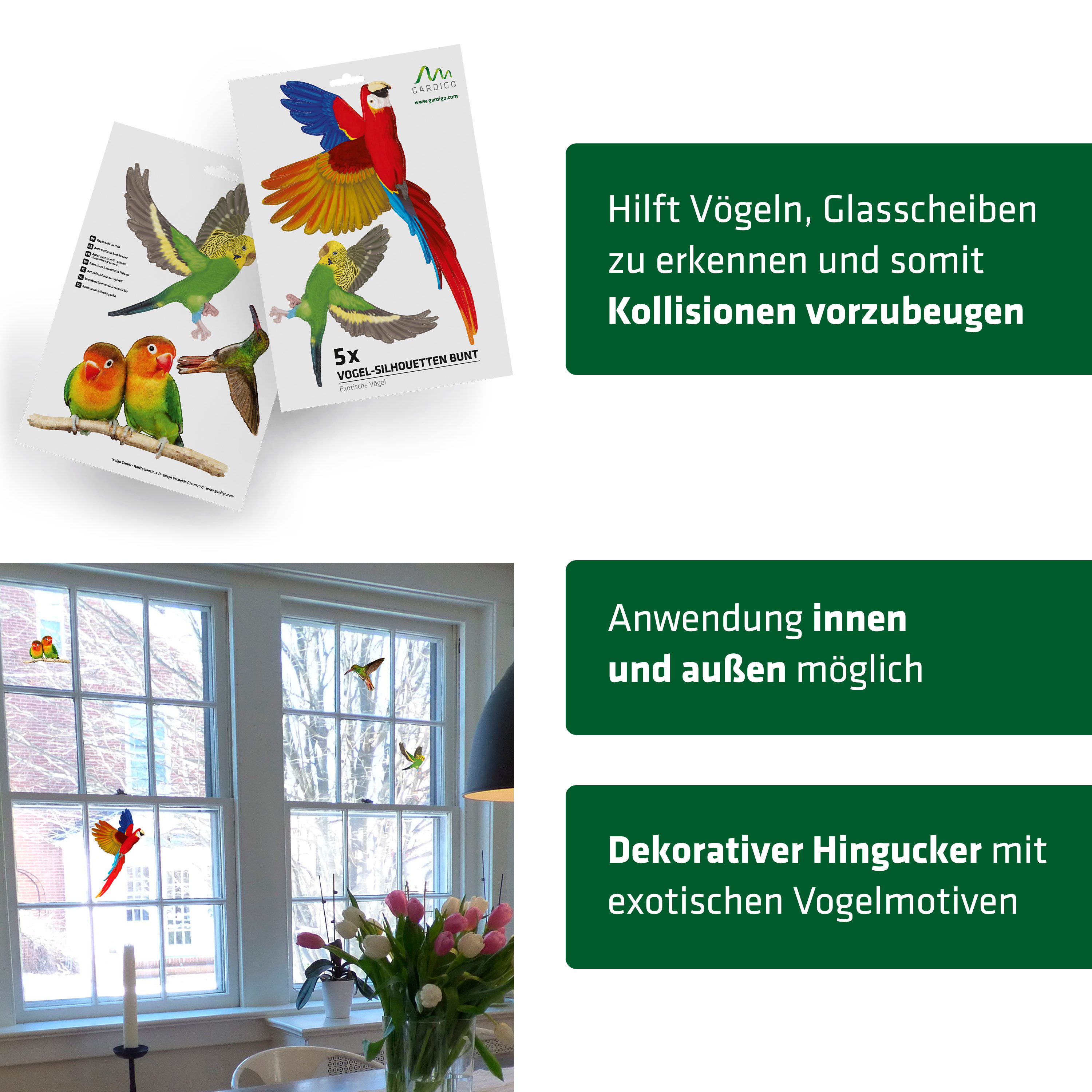Anti-Kollisions-Vogelabwehr-Aufkleber von GARDIGO im Überblick. 