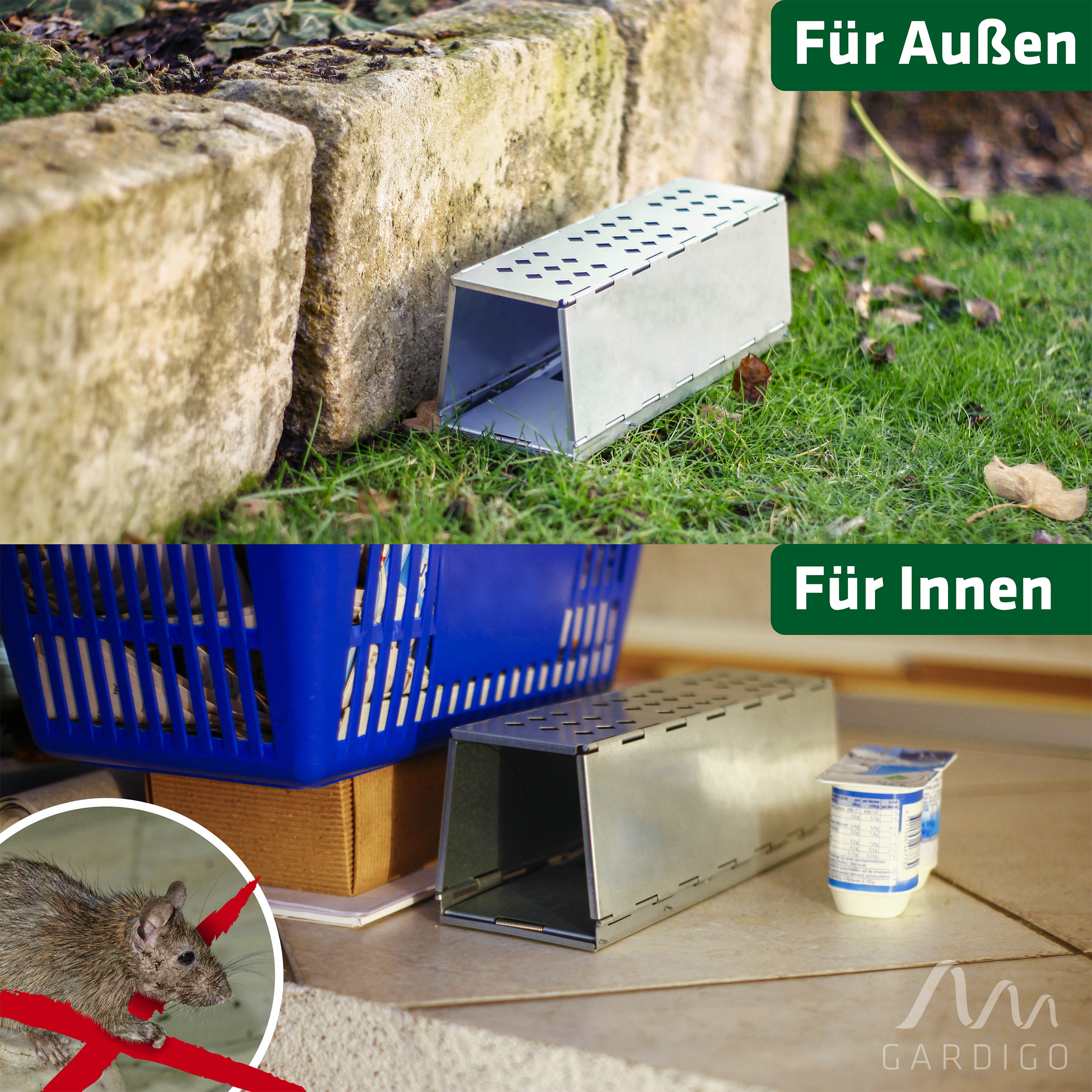 Die Lebend-Rattenfalle kann im Innen- und Außenbereich eingesetzt werde, um Ratten und andere Nager lebend zu fangen. 