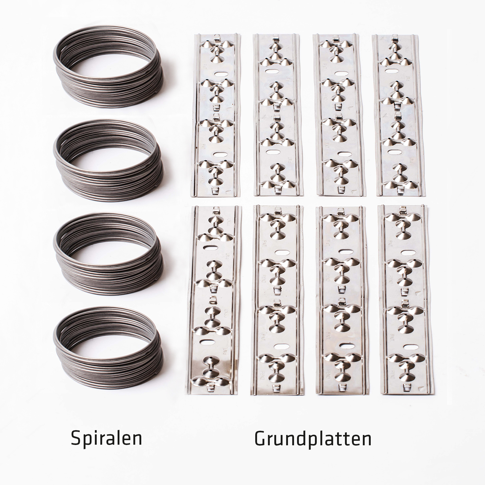Ein Set besteht aus vier Spiralen und acht Grundplatten. 