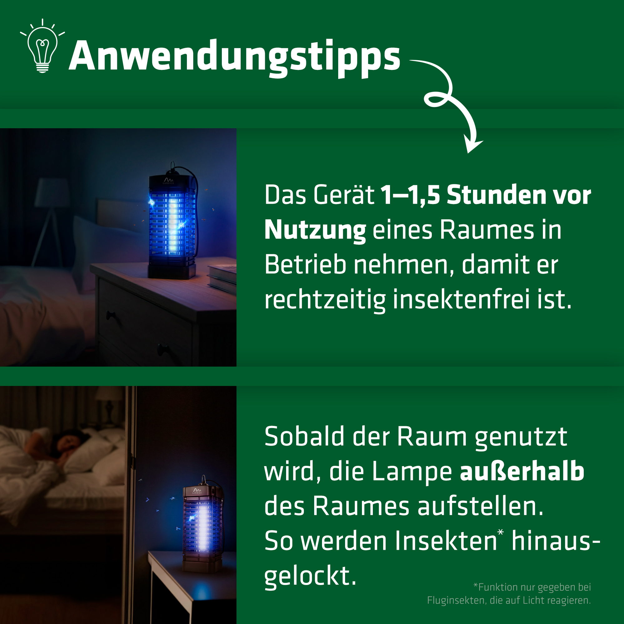 Anwendung: 1–1,5h vor Nutzung eines Raumes in Betrieb nehmen. Sobald der Raum genutzt wird,  Lampe in den Flur stellen.