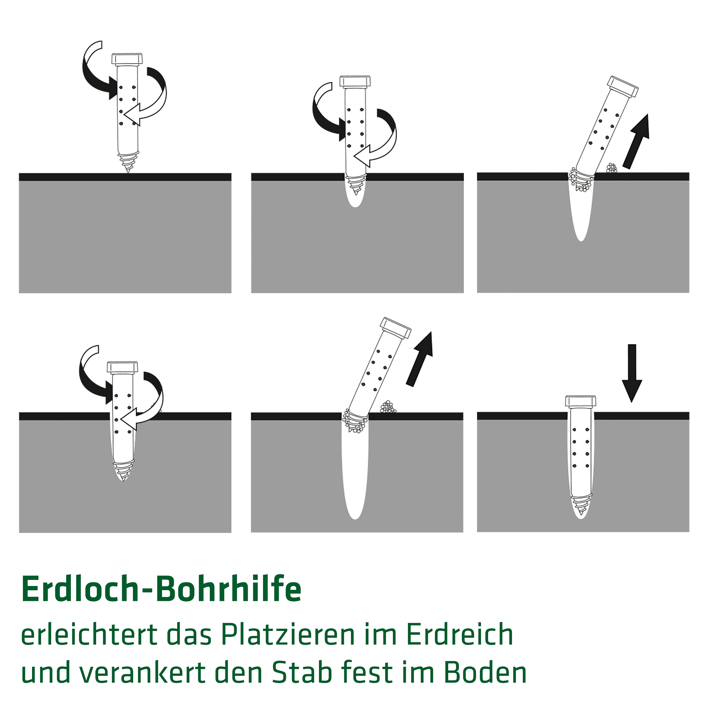 Die integrierte Erdloch-Bohrhilfe macht das Einsetzen einfach. In die Erde drehen, herausziehen, überschüssige Erde entfernen, bis das Loch tief genug ist. 