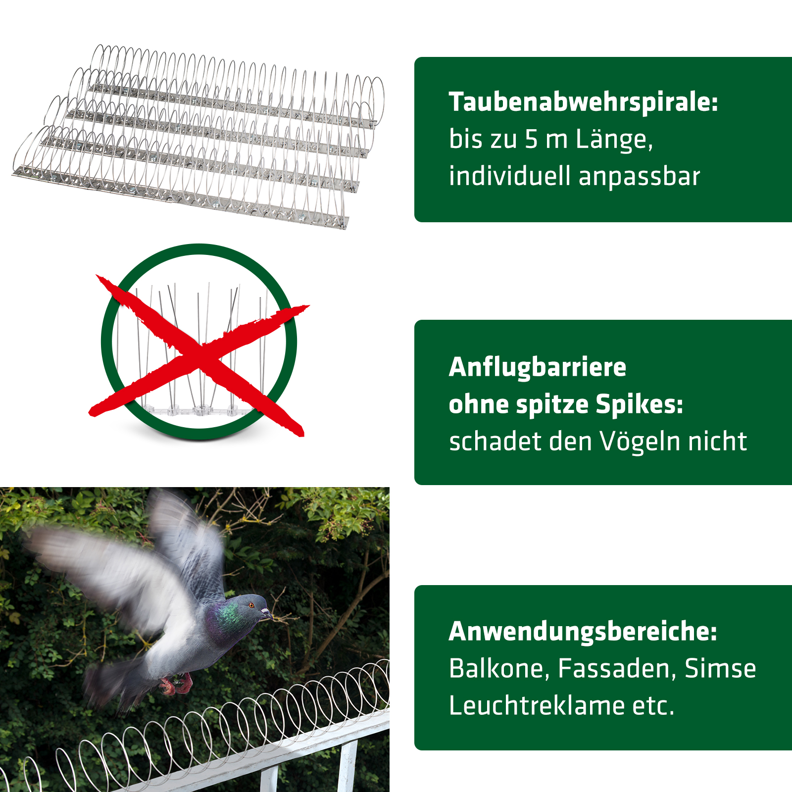 Alternative zu Taubenspikes: Die Vogelabwehr-Spiralen von GARDIGO haben keine spitzen Stacheln. 