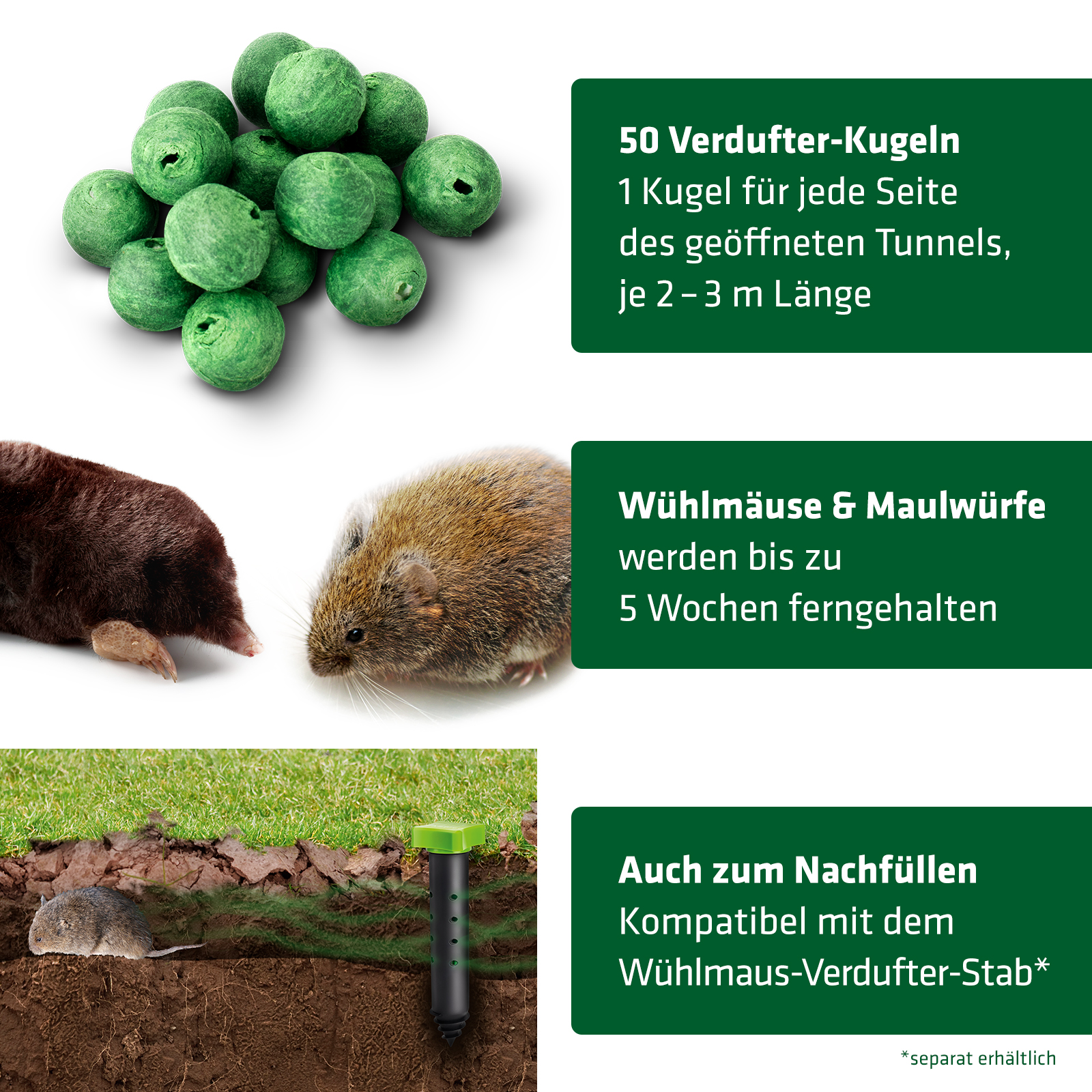 Wichtigste Eigenschaften der Wühlmaus-Verdufter-Kugeln