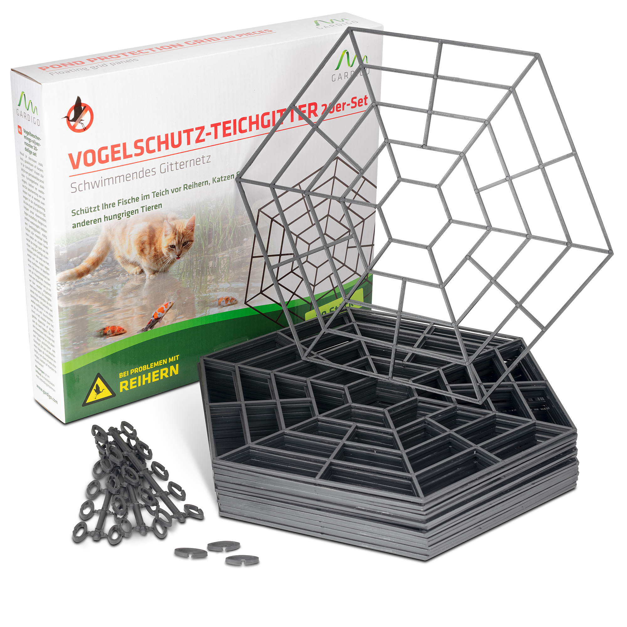 Der Lieferumfang des Vogelschutz-Teichgitter-Sets. 