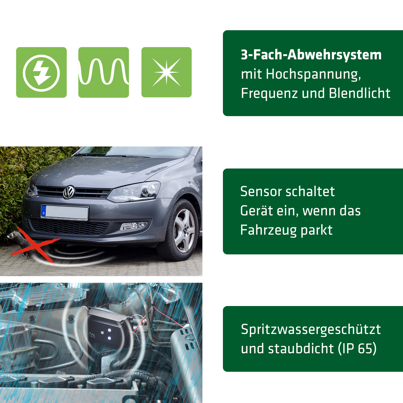 Der eingebaute Vibrationssenser schaltet das Gerät ab, sobald das Auto fährt. 