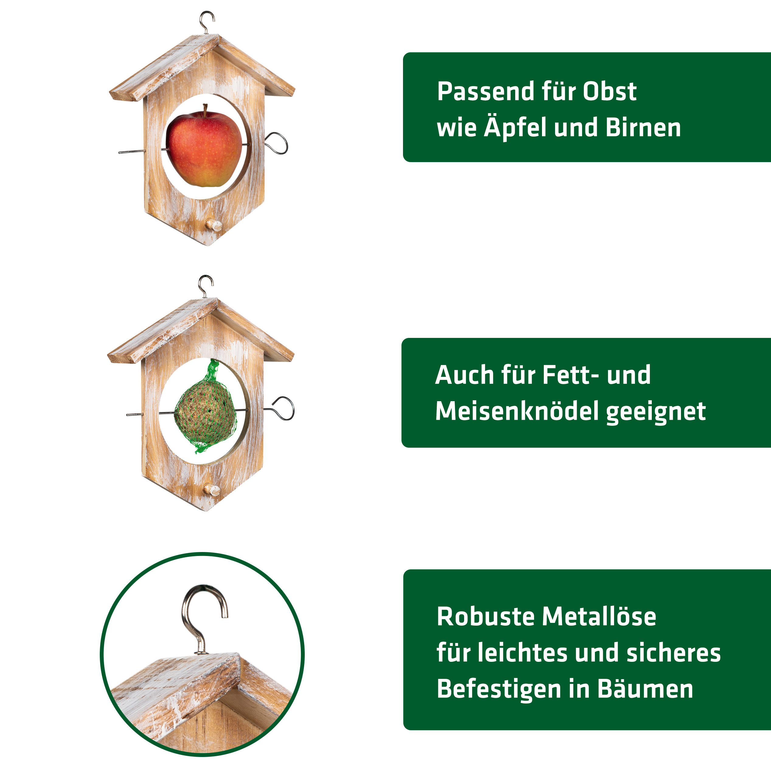 Passend für Obst wie Äpfel und Birnen, aber auch für Fett- und Meisenknödel geeignet. Robuste Metallöse für leichtes und sicheres Befestigen in Bäumen.