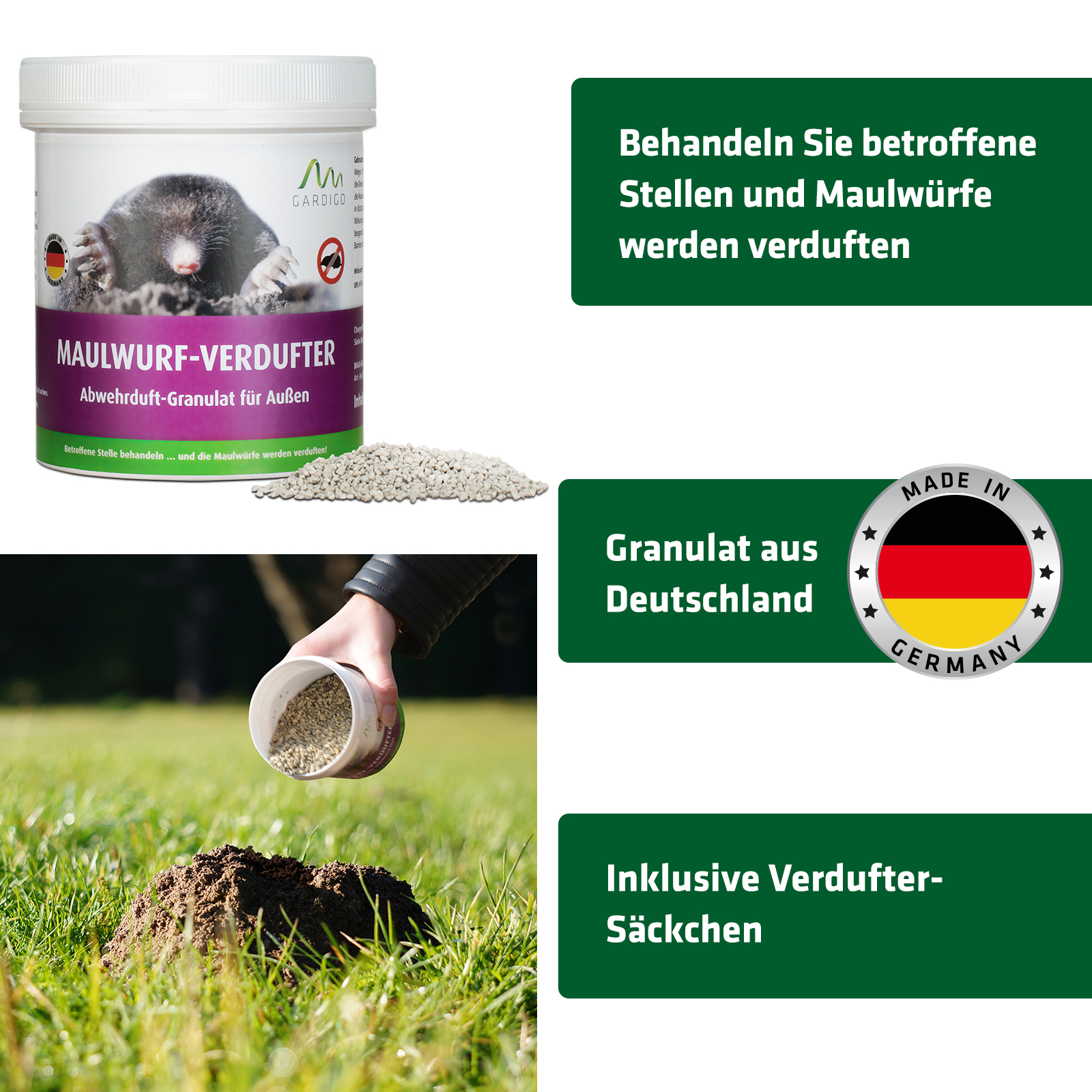 Das Abwehr-Granulat gegen Maulwürfe wird in Deutschland hergestellt. 