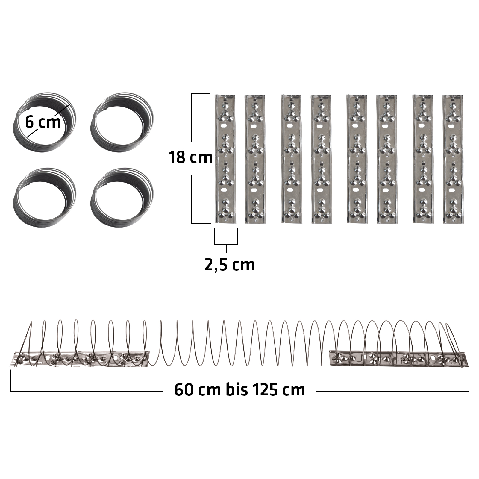Die Spiralen haben einen Durchmesser von 6 cm und können mit Hilfe der Grundplatten auf eine Länge von 60 bis 125 cm gespannt werden. 